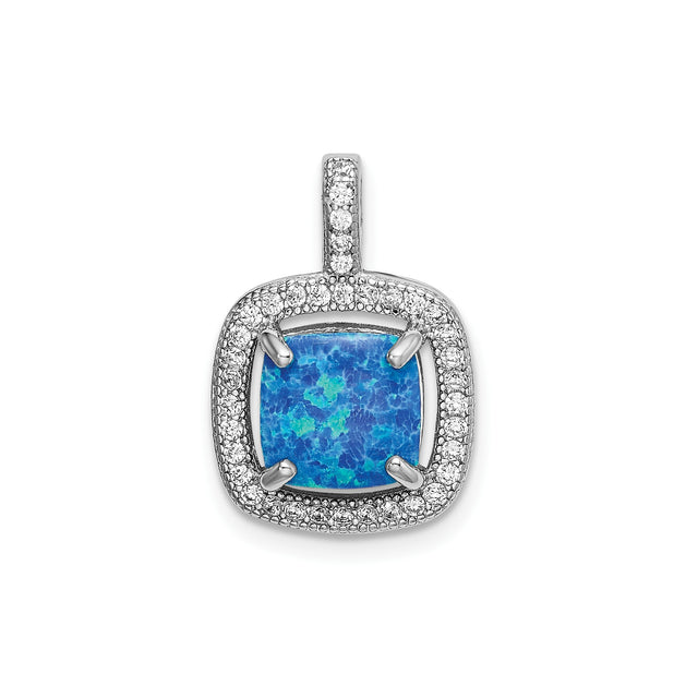 Sterling Silver Pendant with Cushion Cut Blue Lab Created Opal and Cubic Zirconia Halo