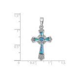 Sterling Silver Cross Pendant with Lab Created Opal and Cubic Zirconia, Gothic Sunburst Style