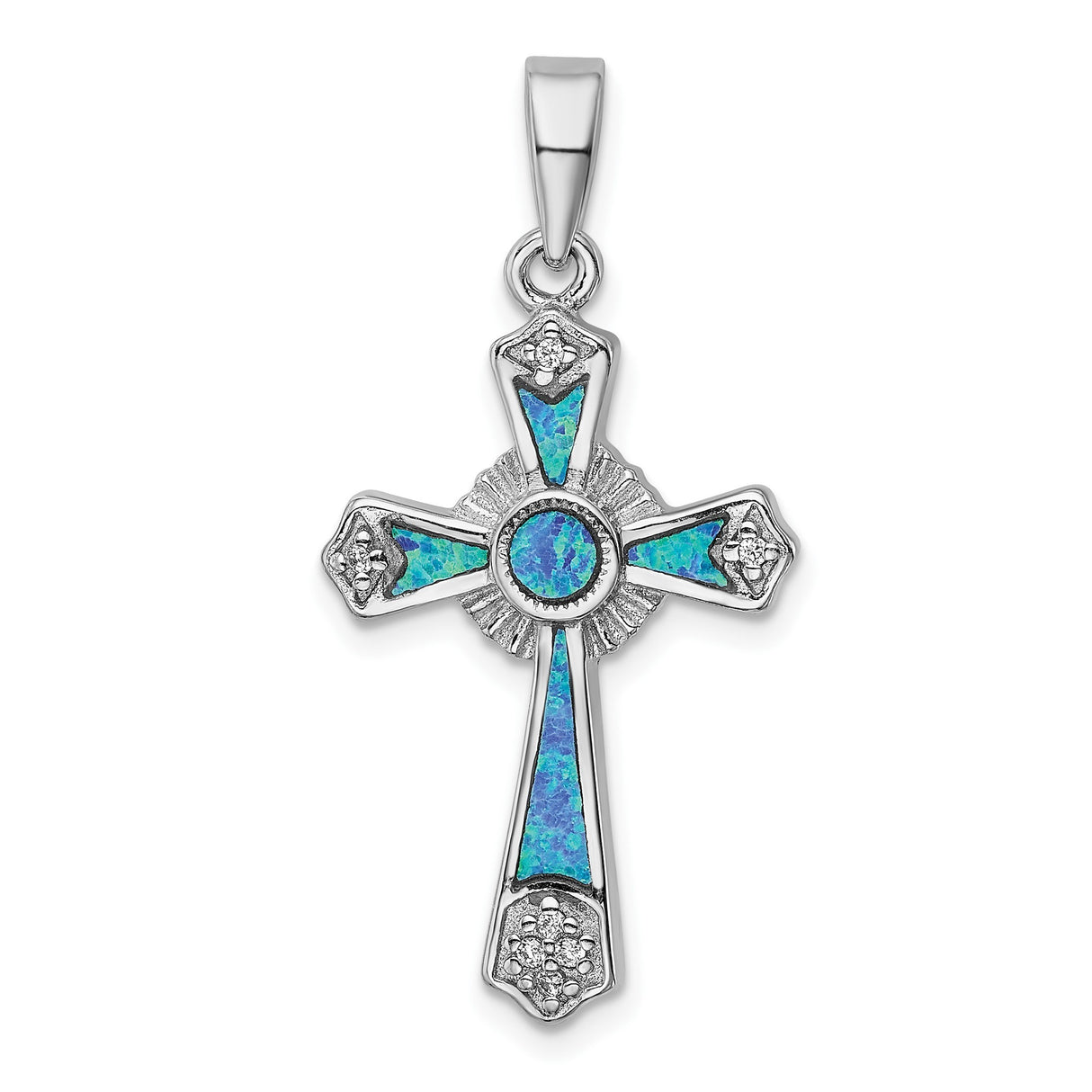 Sterling Silver Cross Pendant with Lab Created Opal and Cubic Zirconia, Gothic Sunburst Style
