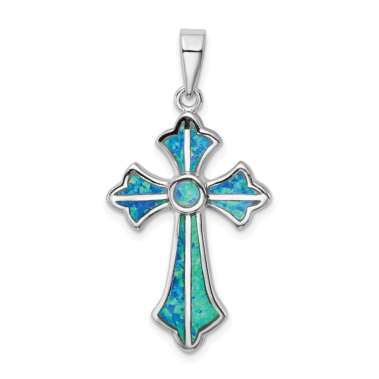 Sterling Silver Cross Pendant with Lab Created Blue Opal Inlay, Contemporary Faith Design