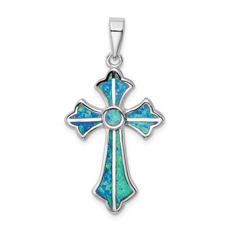 Sterling Silver Cross Pendant with Lab Created Blue Opal Inlay, Contemporary Faith Design