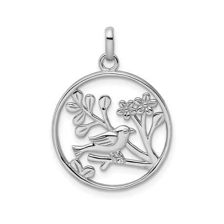 Sterling Silver Pendant with Bird on Branch, Blooming Flowers and Leaves Design