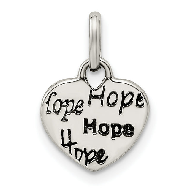 Antiqued and Polished HOPE Heart Charm Pendant in Real 925 Sterling Silver