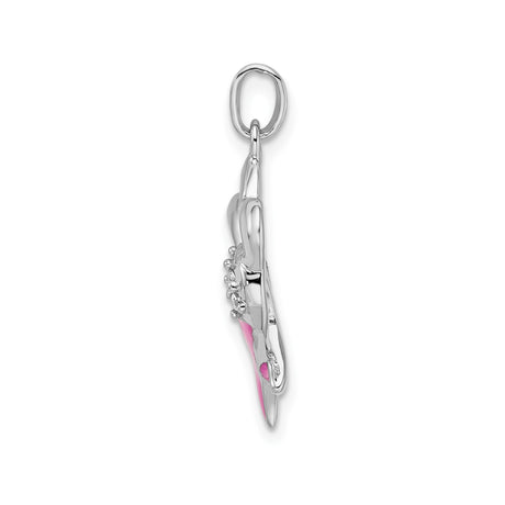 Sterling Silver Open Heart Pendant with Pink Enamel Ribbon and Cubic Zirconia