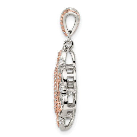 Sterling Silver Teardrop Pendant with Cubic Zirconia, Rose Gold Floral Filigree Design, Vintage Style