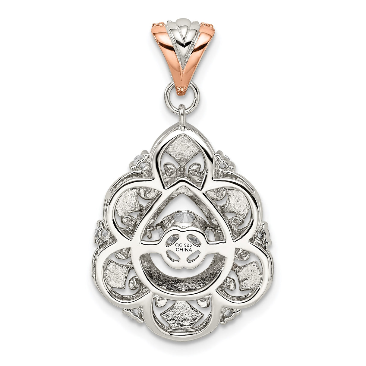 Sterling Silver Teardrop Pendant with Cubic Zirconia, Rose Gold Floral Filigree Design, Vintage Style