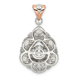 Sterling Silver Teardrop Pendant with Cubic Zirconia, Rose Gold Floral Filigree Design, Vintage Style