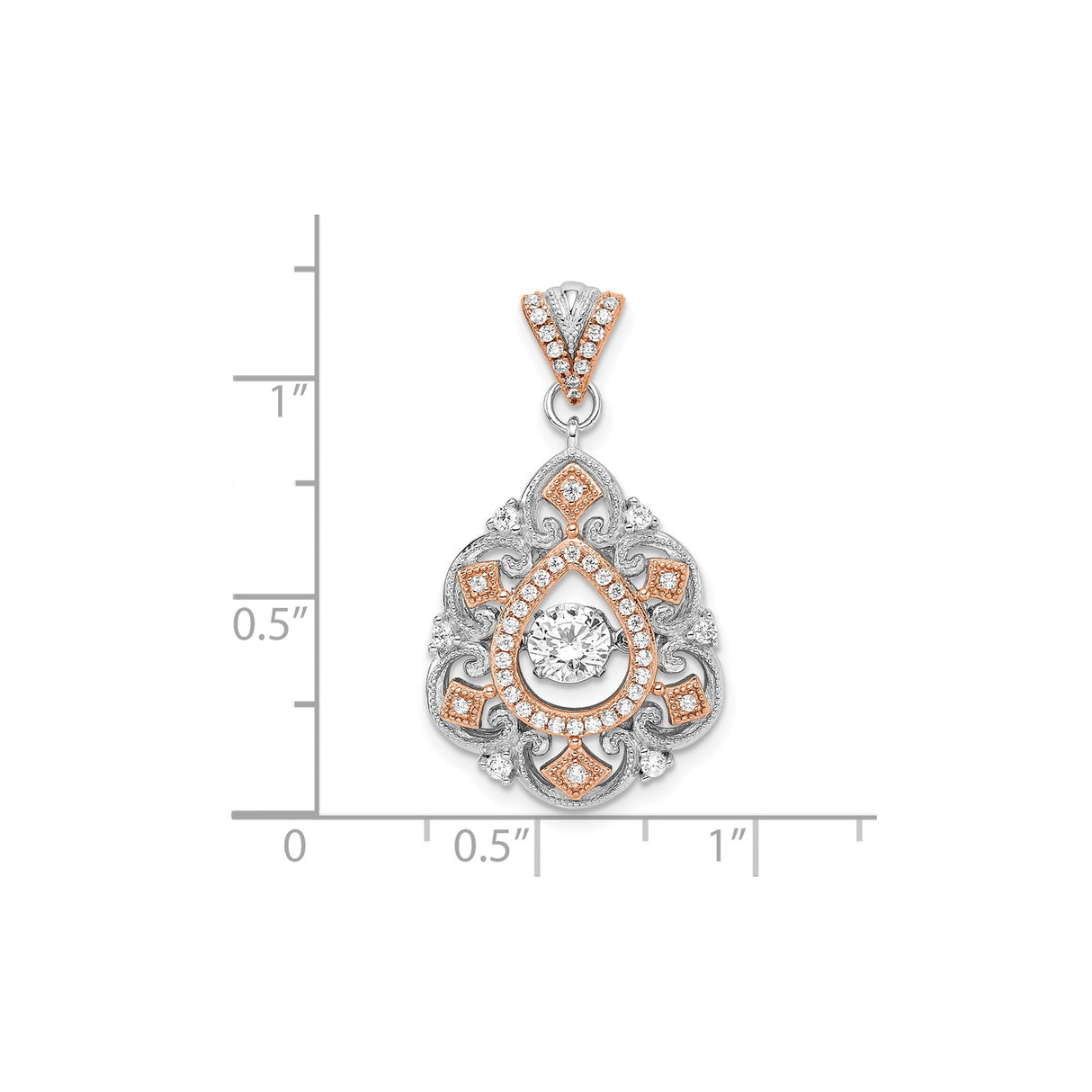 Sterling Silver Teardrop Pendant with Cubic Zirconia, Rose Gold Floral Filigree Design, Vintage Style