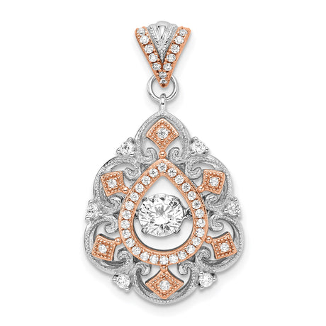 Sterling Silver Teardrop Pendant with Cubic Zirconia, Rose Gold Floral Filigree Design, Vintage Style