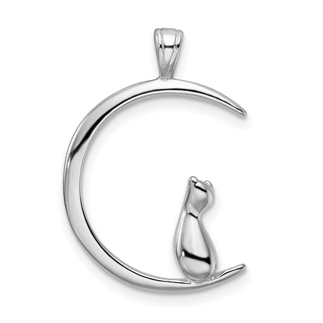 Cat With CZ Sitting On Crescent Moon Charm Pendant in Real 925 Sterling Silver