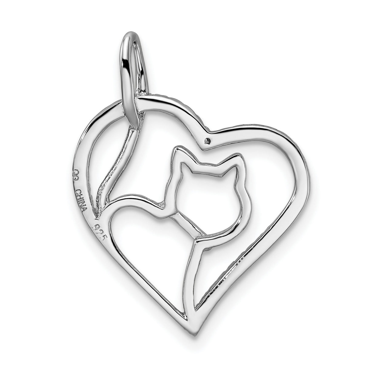 CZ Heart Cat Silhouette Charm Pendant in Real 925 Sterling Silver