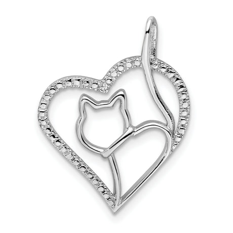 CZ Heart Cat Silhouette Charm Pendant in Real 925 Sterling Silver