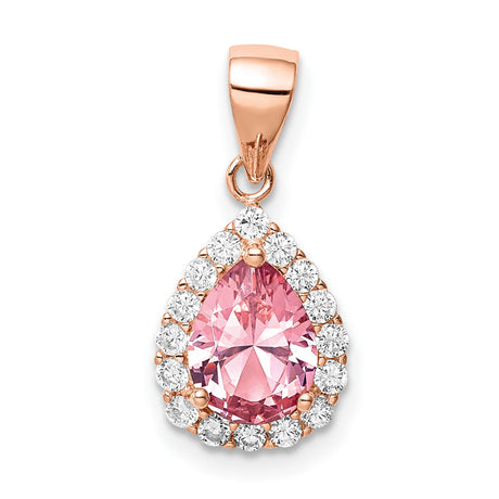 Pink Crystal Center and CZ Teardrop Charm Pendant in Real 925 Sterling Silver