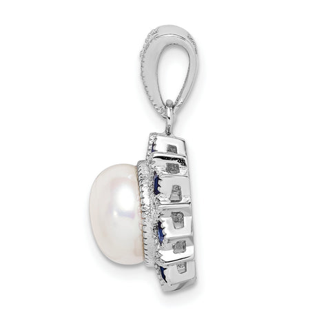 Sterling Silver Pendant with White Pearl, Blue Sapphire and Cubic Zirconia, Starburst Design