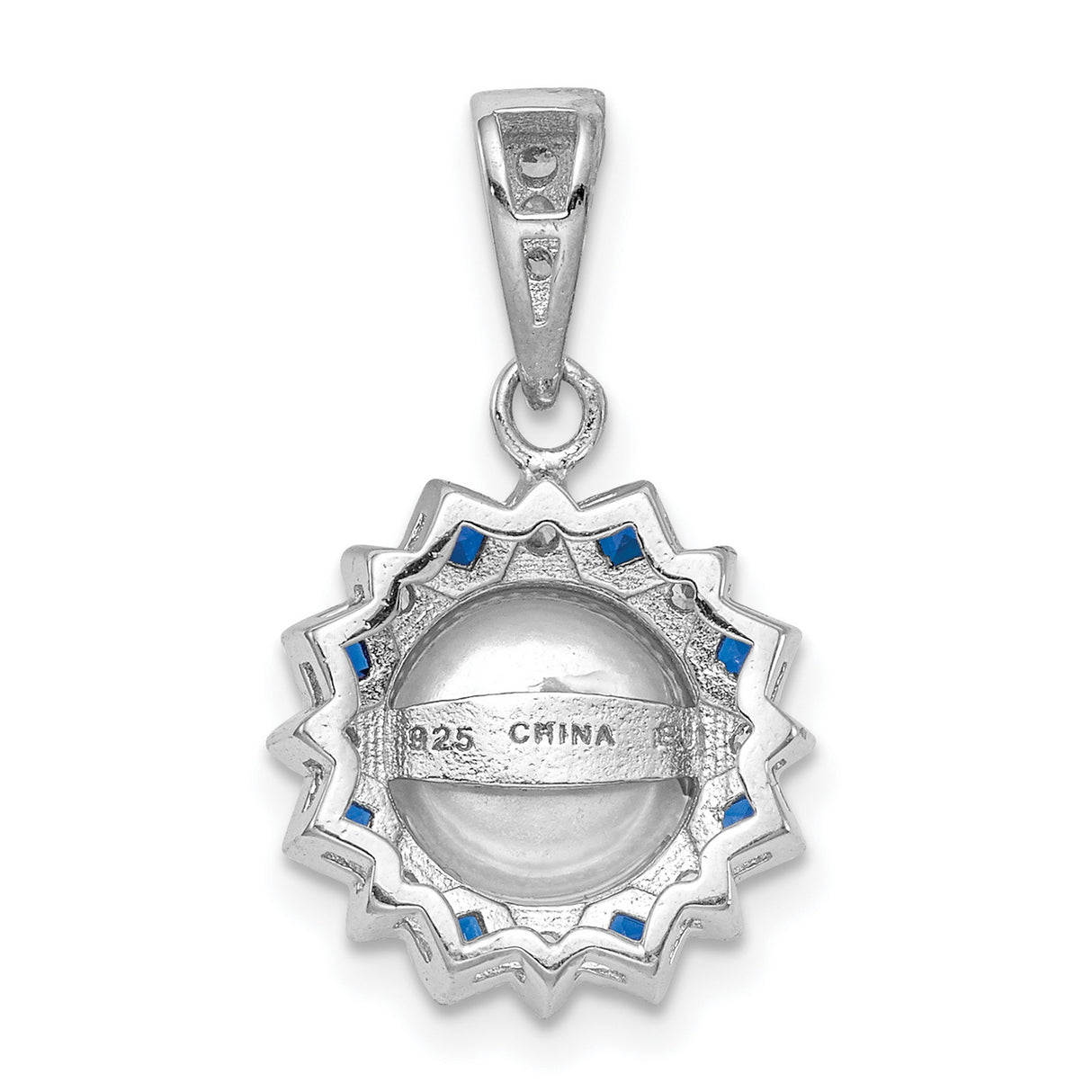 Sterling Silver Pendant with White Pearl, Blue Sapphire and Cubic Zirconia, Starburst Design