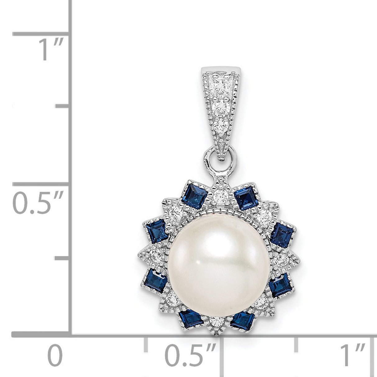 Sterling Silver Pendant with White Pearl, Blue Sapphire and Cubic Zirconia, Starburst Design