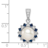 Sterling Silver Pendant with White Pearl, Blue Sapphire and Cubic Zirconia, Starburst Design