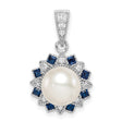 Sterling Silver Pendant with White Pearl, Blue Sapphire and Cubic Zirconia, Starburst Design