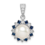 Sterling Silver Pendant with White Pearl, Blue Sapphire and Cubic Zirconia, Starburst Design