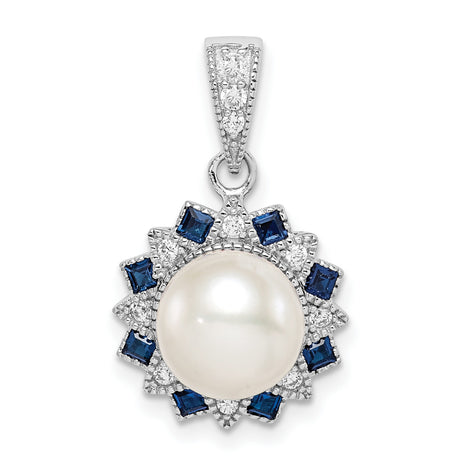 Sterling Silver Pendant with White Pearl, Blue Sapphire and Cubic Zirconia, Starburst Design