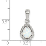 Sterling Silver Teardrop Pendant with Simulated White Opal and Beaded Frame Design