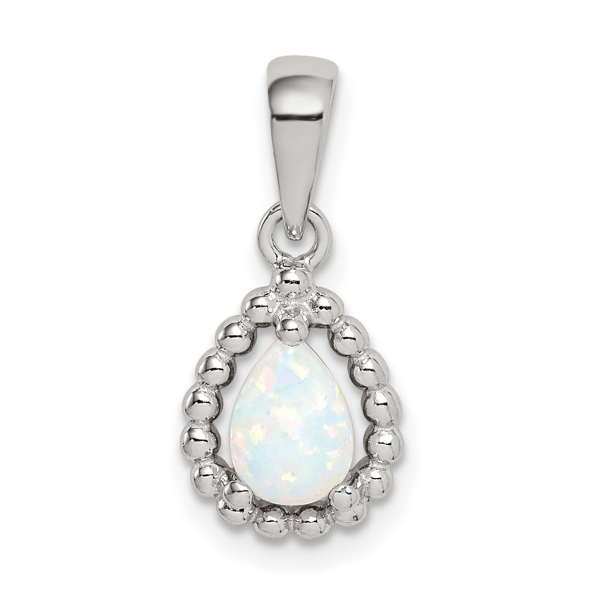 Sterling Silver Teardrop Pendant with Simulated White Opal and Beaded Frame Design