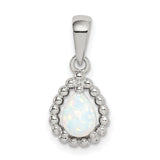 Sterling Silver Teardrop Pendant with Simulated White Opal and Beaded Frame Design