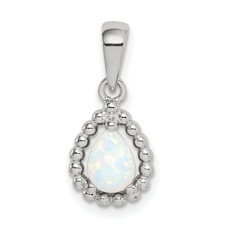 Sterling Silver Teardrop Pendant with Simulated White Opal and Beaded Frame Design