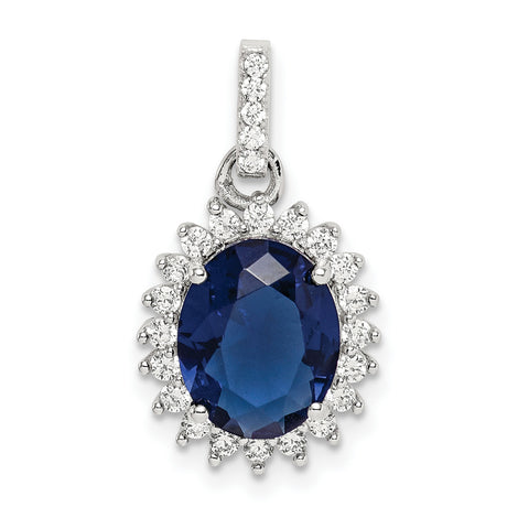 Sterling Silver Pendant with Oval Blue Gemstone and Cubic Zirconia Halo