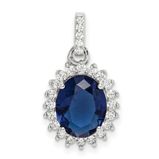 Sterling Silver Pendant with Oval Blue Gemstone and Cubic Zirconia Halo