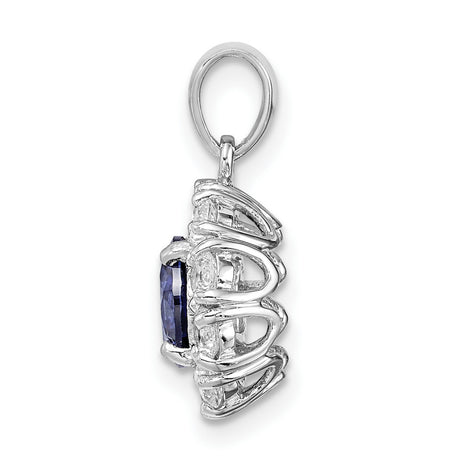 Sterling Silver Pendant with Cubic Zirconia, Blue Center Stone and Halo Floral Design