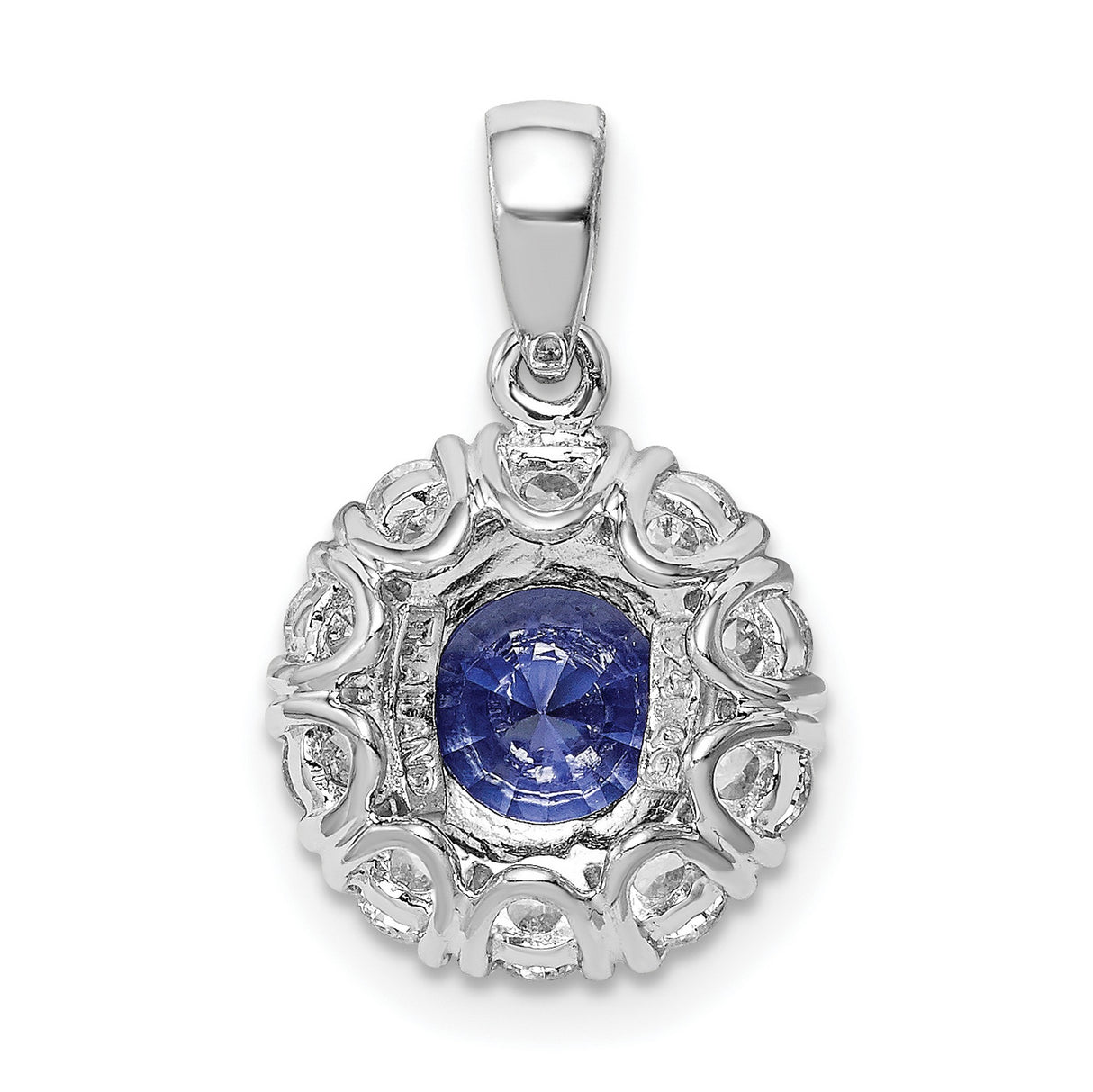 Sterling Silver Pendant with Cubic Zirconia, Blue Center Stone and Halo Floral Design
