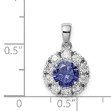 Sterling Silver Pendant with Cubic Zirconia, Blue Center Stone and Halo Floral Design