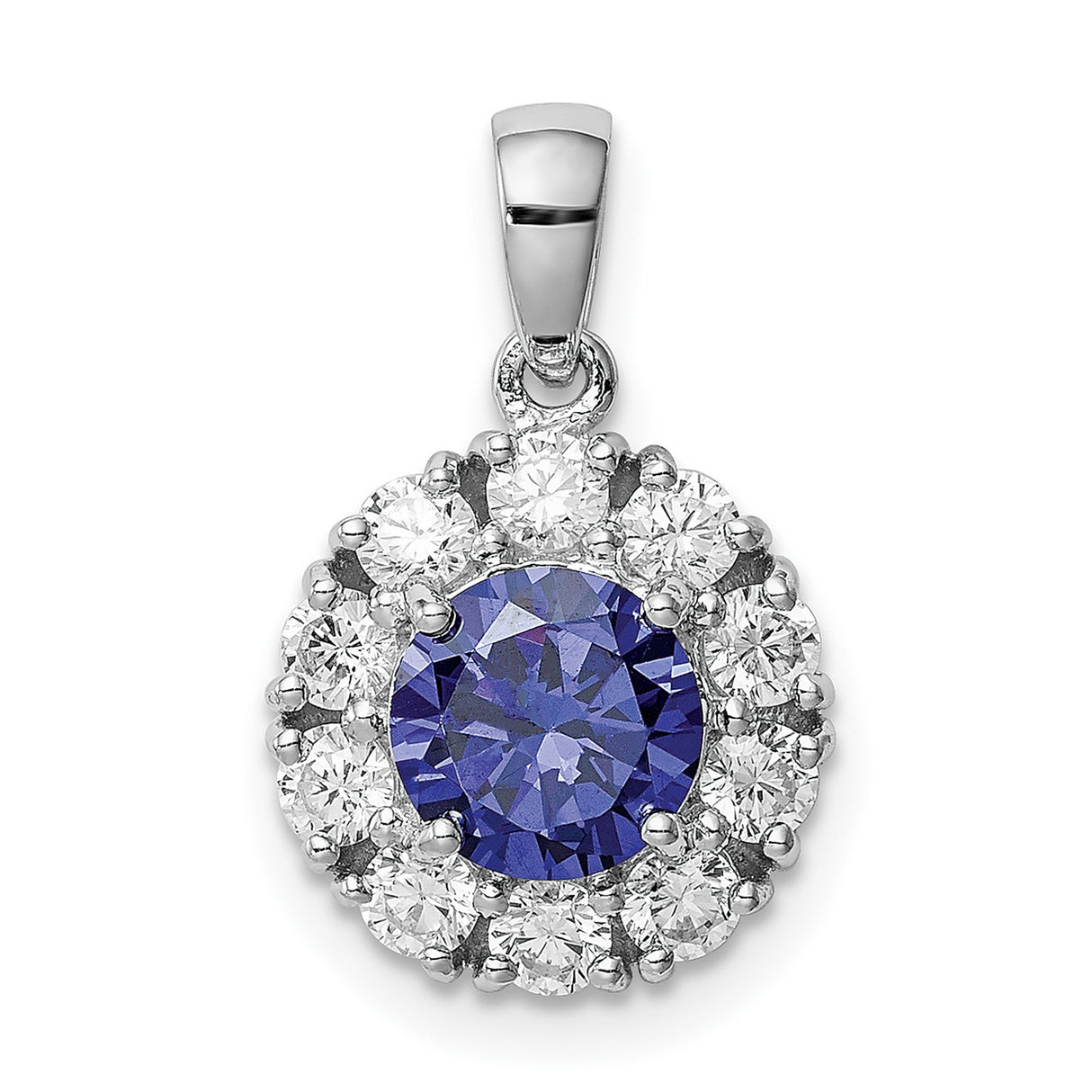 Sterling Silver Pendant with Cubic Zirconia, Blue Center Stone and Halo Floral Design