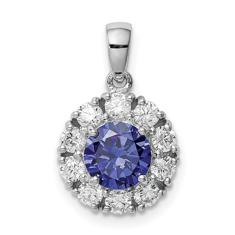 Sterling Silver Pendant with Cubic Zirconia, Blue Center Stone and Halo Floral Design
