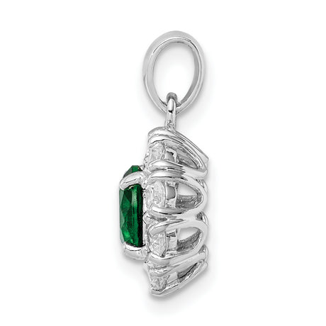 Sterling Silver Halo Pendant with Round Green Glass and Cubic Zirconia Accents