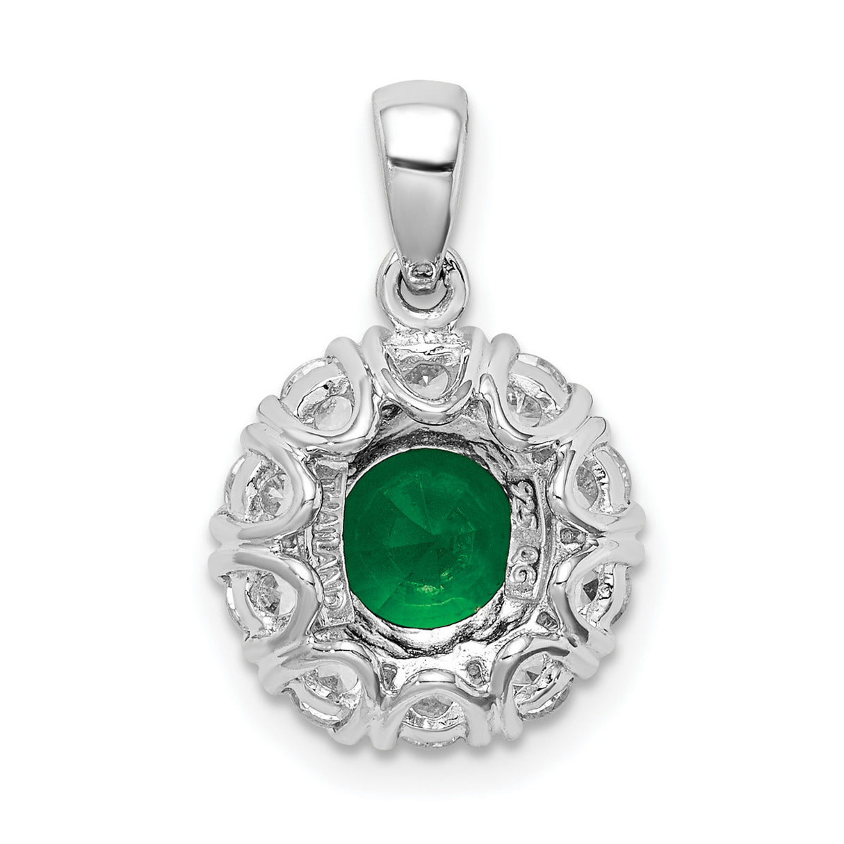 Sterling Silver Halo Pendant with Round Green Glass and Cubic Zirconia Accents