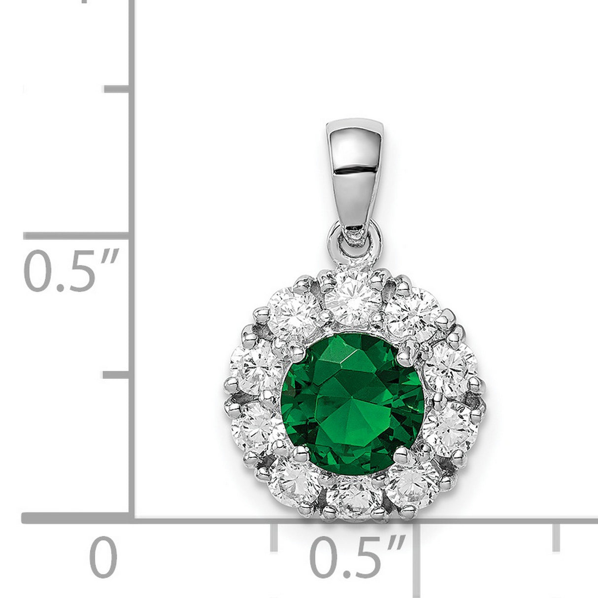Sterling Silver Halo Pendant with Round Green Glass and Cubic Zirconia Accents