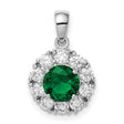 Sterling Silver Halo Pendant with Round Green Glass and Cubic Zirconia Accents