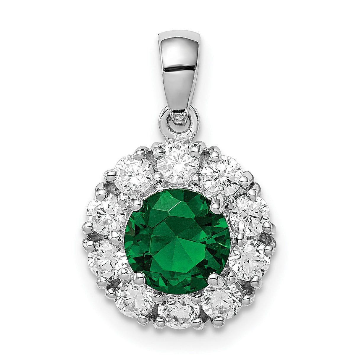 Sterling Silver Halo Pendant with Round Green Glass and Cubic Zirconia Accents