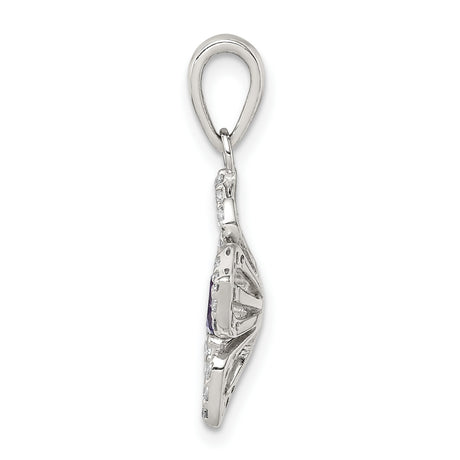 Sterling Silver Flower Pendant with Purple Cubic Zirconia and Clear Accents