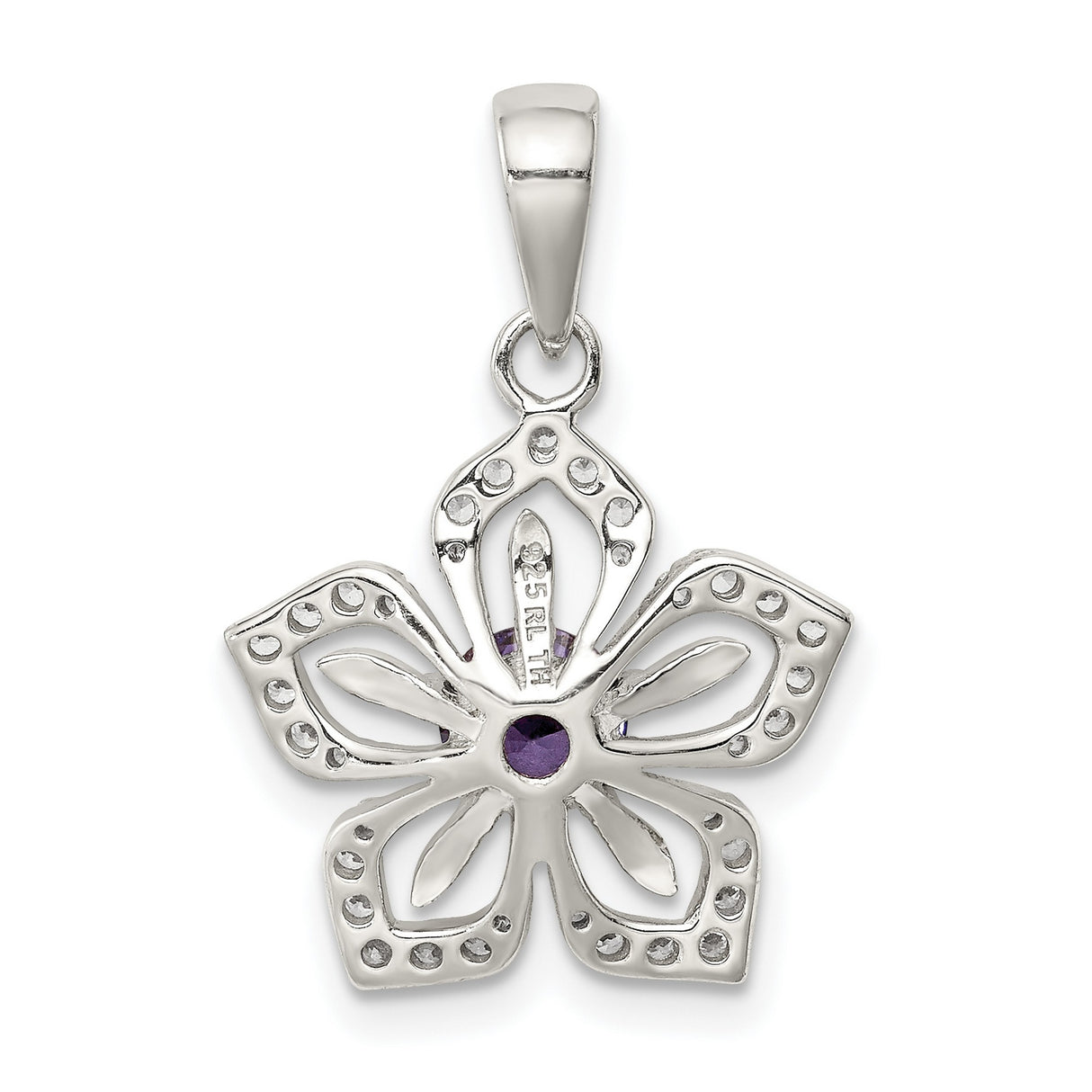 Sterling Silver Flower Pendant with Purple Cubic Zirconia and Clear Accents