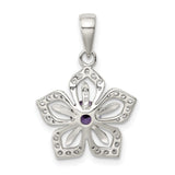 Sterling Silver Flower Pendant with Purple Cubic Zirconia and Clear Accents