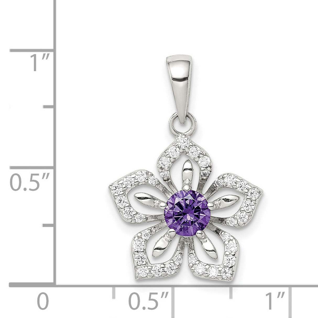 Sterling Silver Flower Pendant with Purple Cubic Zirconia and Clear Accents