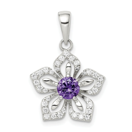 Sterling Silver Flower Pendant with Purple Cubic Zirconia and Clear Accents