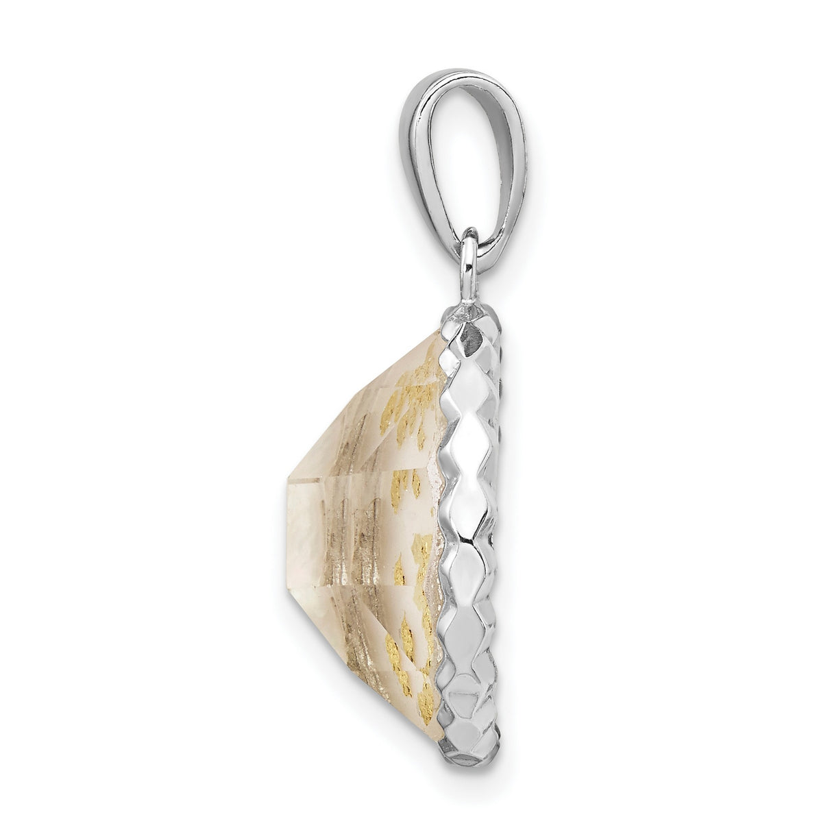 Sterling Silver Pendant with Round Domed Mother of Pearl, Gold Leaf Accents, Celestial Boho Design