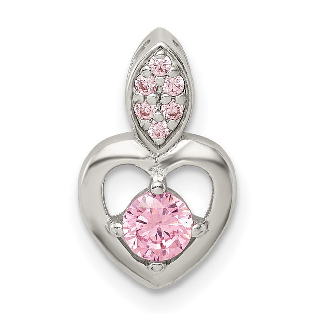 Pink CZ Heart Chain Slide Charm Pendant in Real 925 Sterling Silver