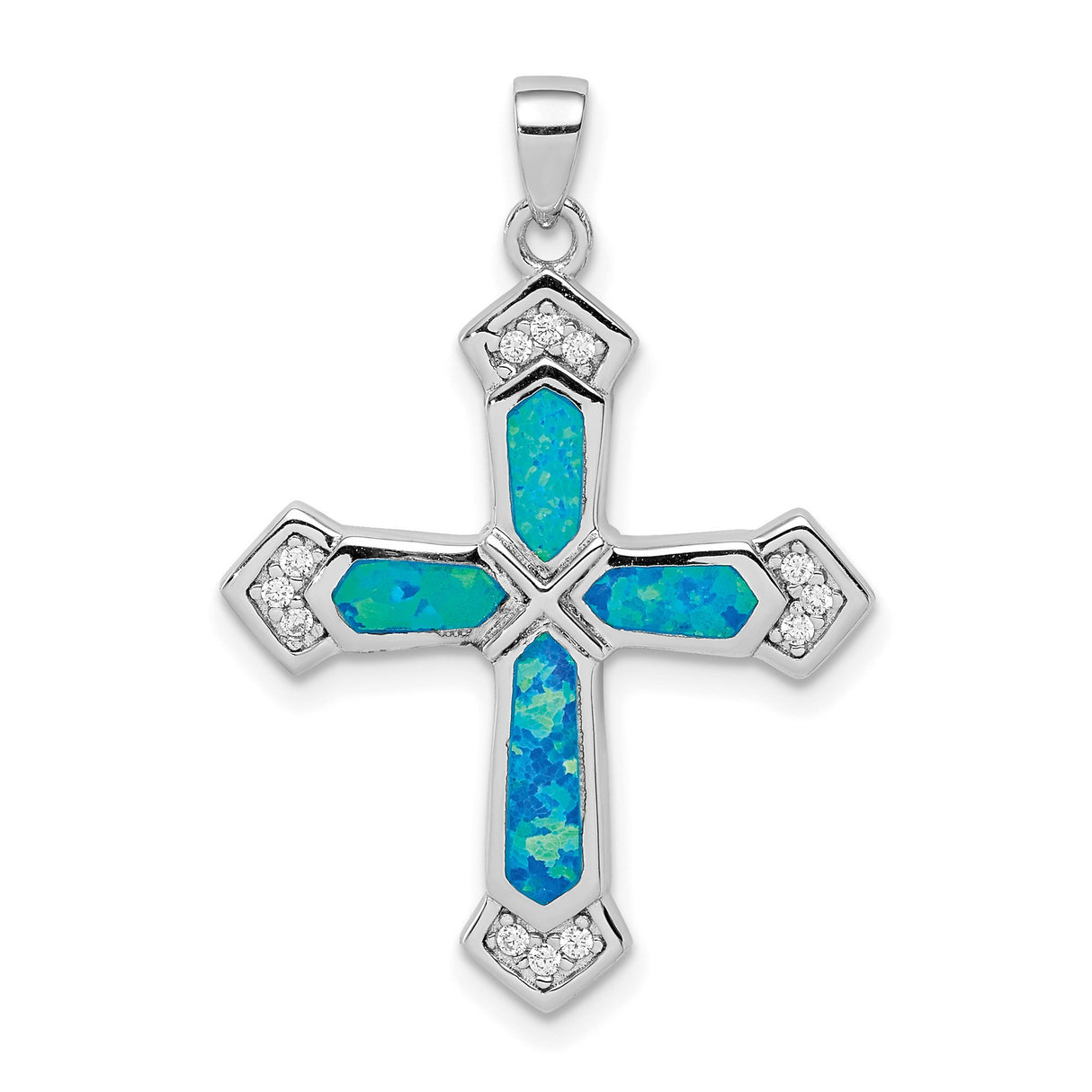 Sterling Silver Cross Pendant with Lab-Created Opal and Cubic Zirconia, Oceanic Hues, Unisex Design