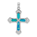 Sterling Silver Cross Pendant with Lab-Created Opal and Cubic Zirconia, Oceanic Hues, Unisex Design