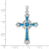 Sterling Silver Cross Pendant with Blue Opal Inlay and Cubic Zirconia Accents, Flared Arms Design